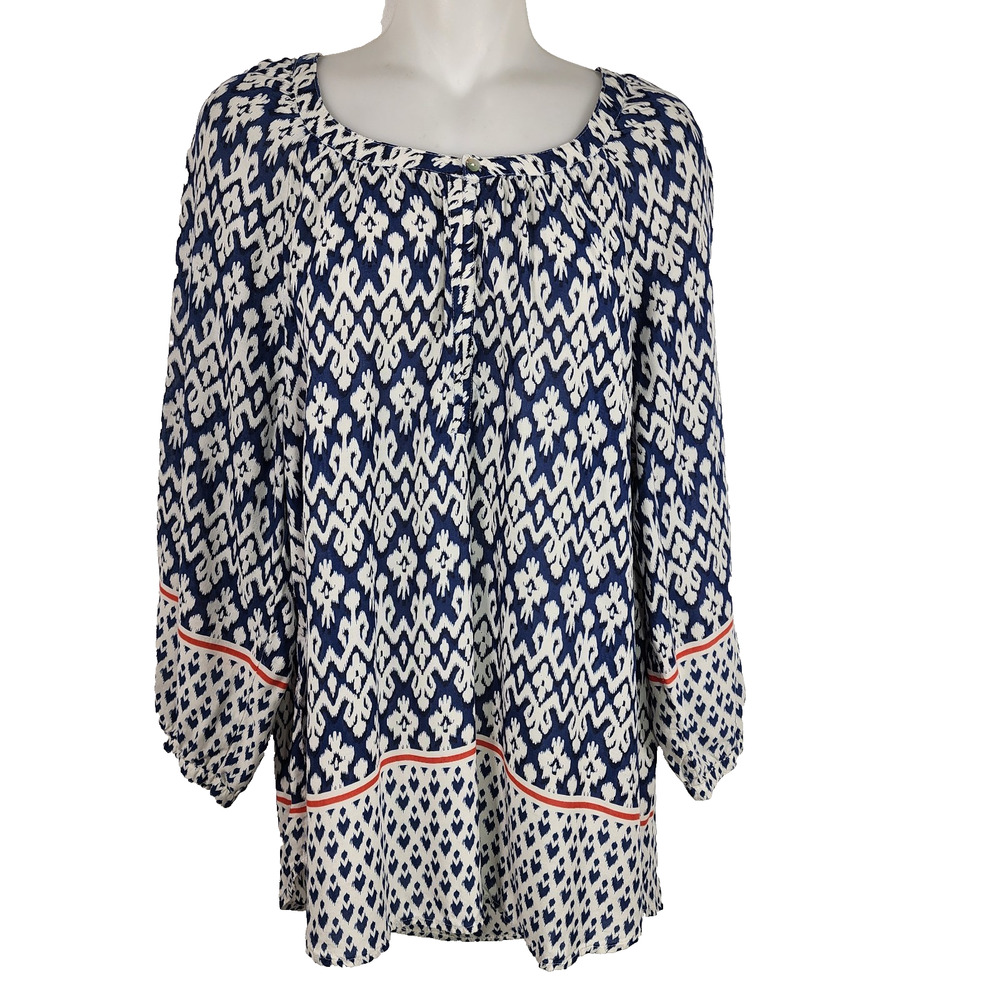 Beach Lunch Lounge Women Tunic Blouse Ikat Print 3/4 Sleeve Size XL Blue Relaxed